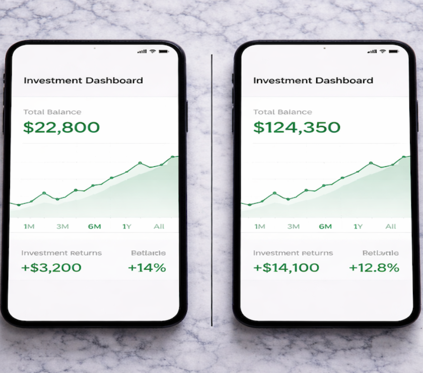 Two smartphones side by side each displaying a simple investment dashboard with green line charts on a white marble surface