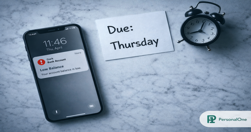 Smartphone showing a red bank alert beside a bill marked Due Thursday and a clock near midnight on white marble — PersonalOne