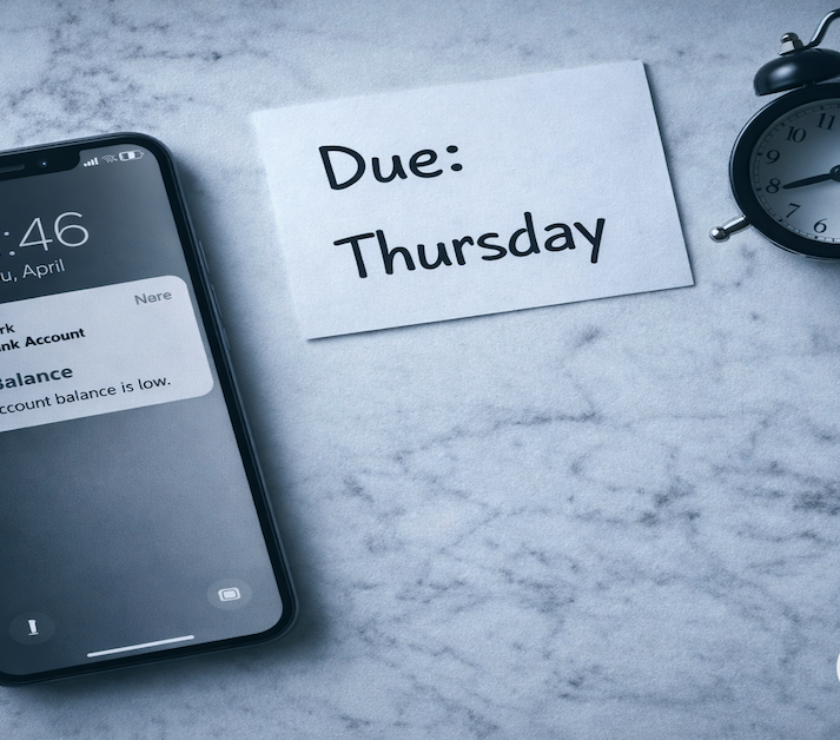 Smartphone showing a red bank alert beside a bill marked Due Thursday and a clock near midnight on white marble — PersonalOne