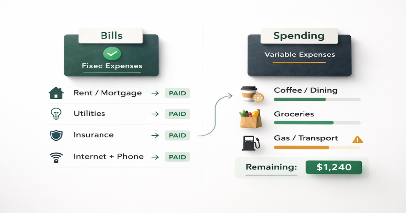 Two checking accounts side by side — a bills account for fixed autopay obligations and a spending account for variable daily expenses — showing the correct account separation setup