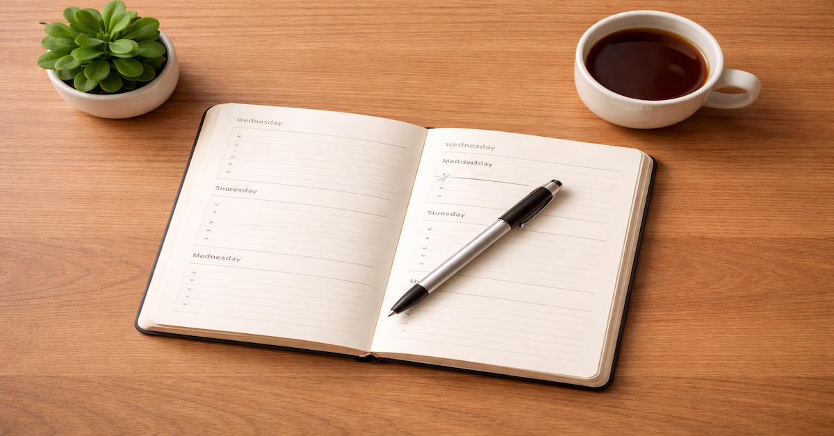Open planner on a clean desk representing a scheduled budget review and financial audit process