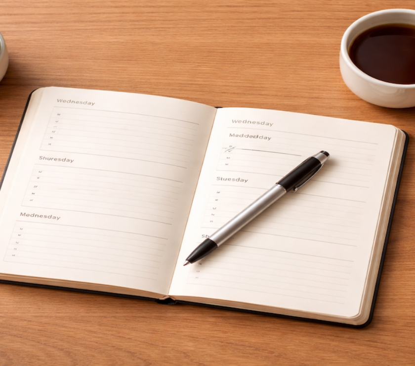 Open planner on a clean desk representing a scheduled budget review and financial audit process