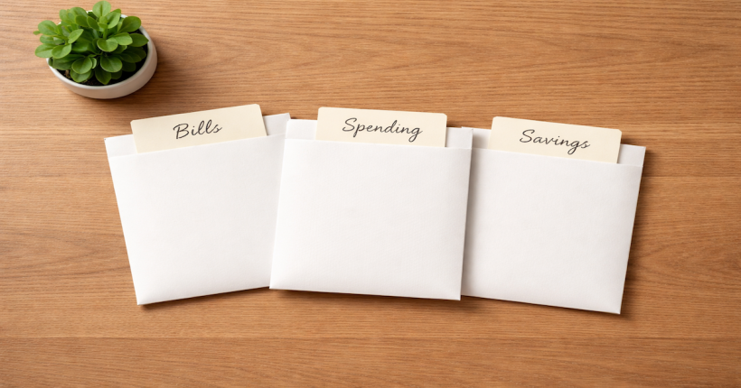 Three labeled envelopes representing a multi-account budget structure system for organizing cash flow