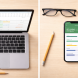 Split flat-lay showing a laptop with a budget spreadsheet on one side and a smartphone budgeting app on the other
