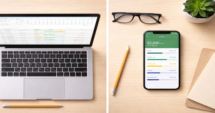 Split flat-lay showing a laptop with a budget spreadsheet on one side and a smartphone budgeting app on the other