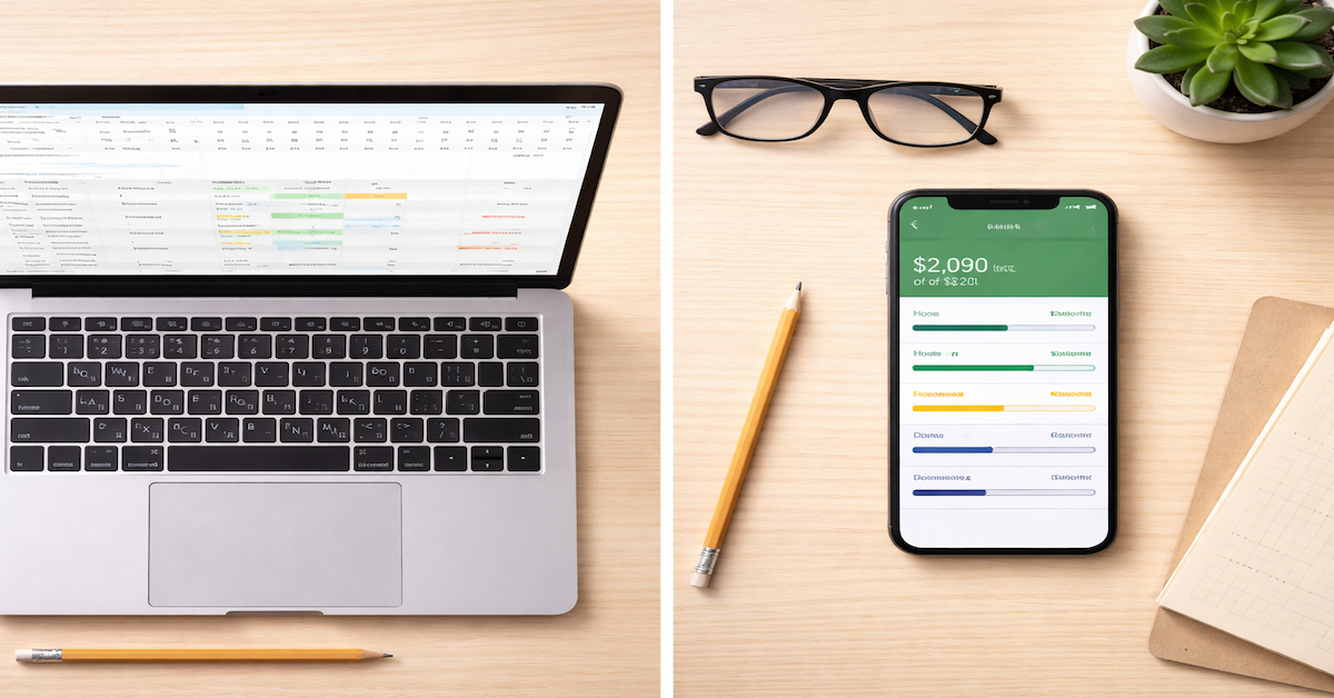 Split flat-lay showing a laptop with a budget spreadsheet on one side and a smartphone budgeting app on the other