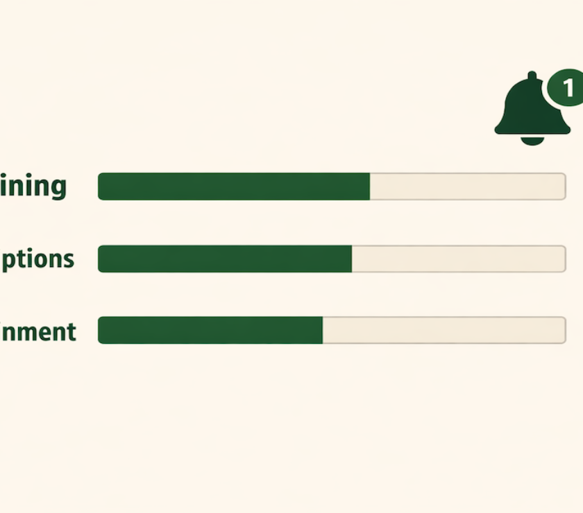 Automated budgeting dashboard showing spending category progress bars for dining, subscriptions, and entertainment with a green alert notification for an approaching spending limit