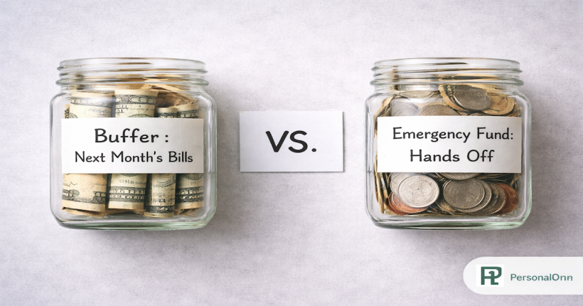 Two labeled glass jars side by side reading Buffer Next Month's Bills and Emergency Fund Hands Off on a light gray surface — PersonalOne