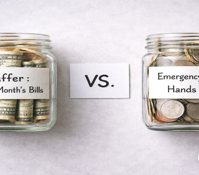 Two labeled glass jars side by side reading Buffer Next Month's Bills and Emergency Fund Hands Off on a light gray surface — PersonalOne