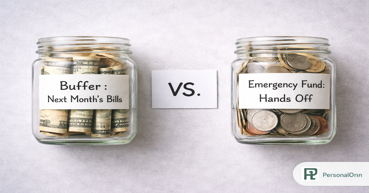 Two labeled glass jars side by side reading Buffer Next Month's Bills and Emergency Fund Hands Off on a light gray surface — PersonalOne
