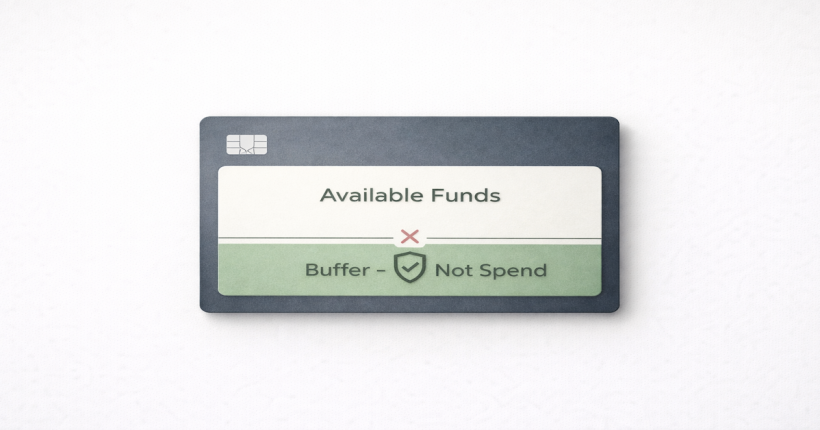 Bank account balance display showing a permanent cash buffer zone at the bottom — labeled as off-limits — that protects automated transfers from overdraft when billing timing does not align perfectly