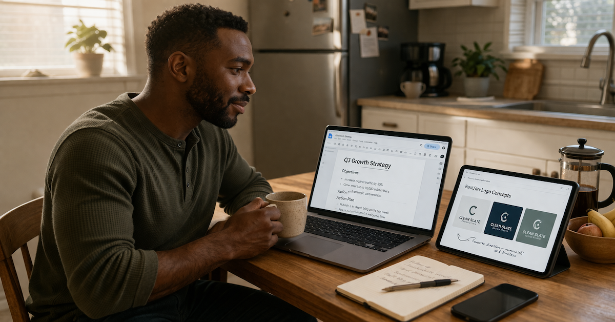 Man managing career work and a side hustle project on two screens at a home table, representing the balance between primary employment and supplemental income