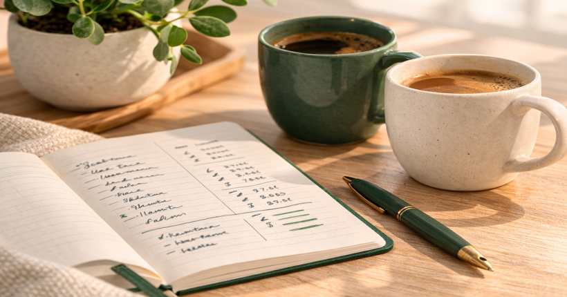 Two coffee mugs beside an open budget notebook on a kitchen table, representing the financial planning conversations couples have in their late 20s and 30s — housing decisions, shared budgets, and debt payoff strategy