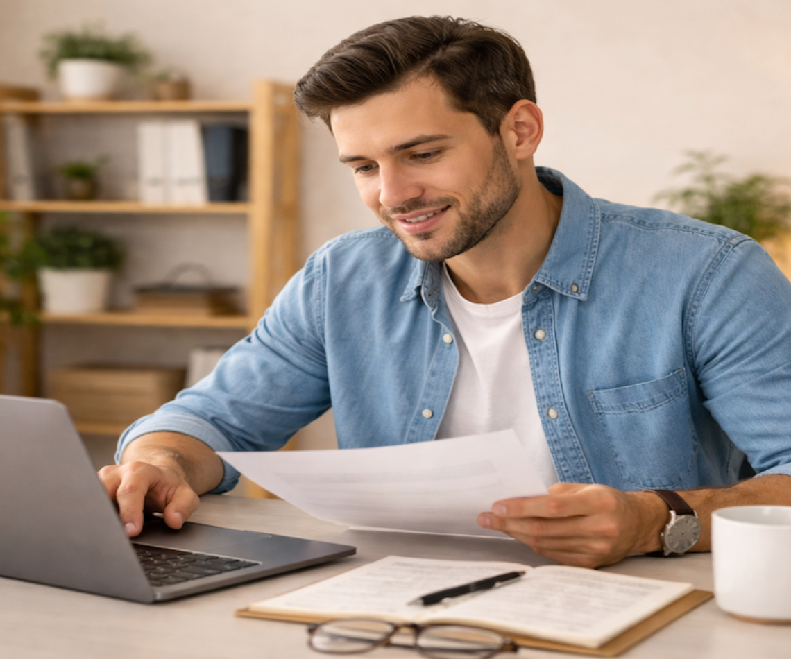 Confident millennial male entrepreneur reviewing business finances at a clean modern desk, representing the shift from side hustle chaos to organized business structure