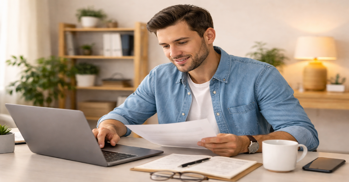 Confident millennial male entrepreneur reviewing business finances at a clean modern desk, representing the shift from side hustle chaos to organized business structure
