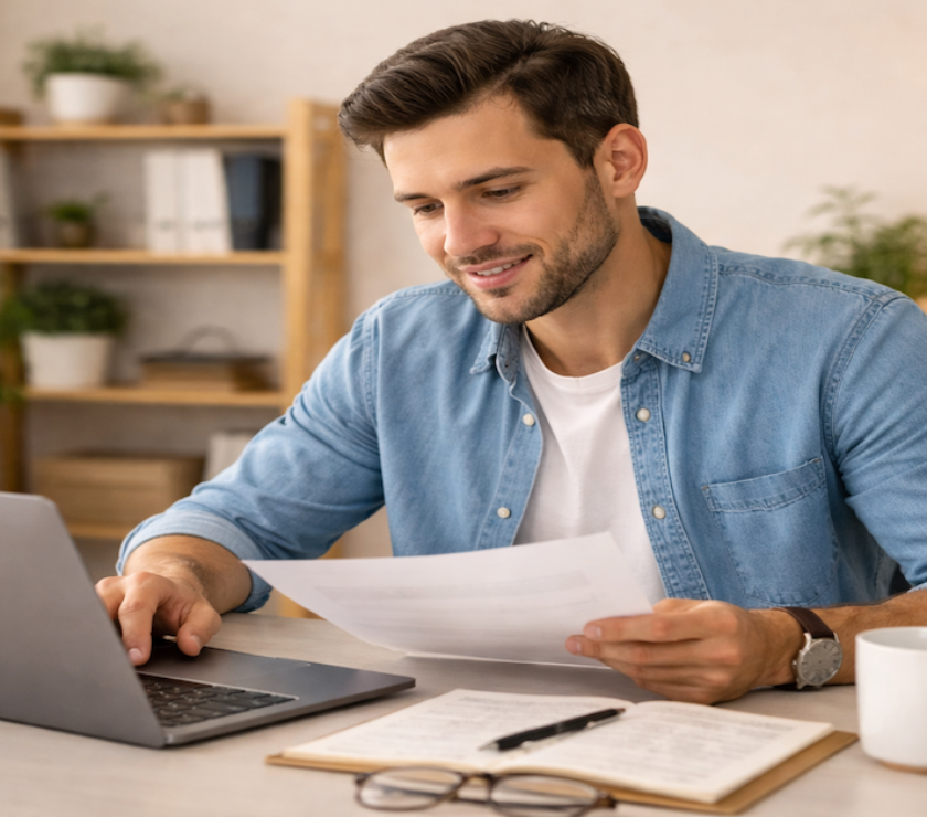 Confident millennial male entrepreneur reviewing business finances at a clean modern desk, representing the shift from side hustle chaos to organized business structure