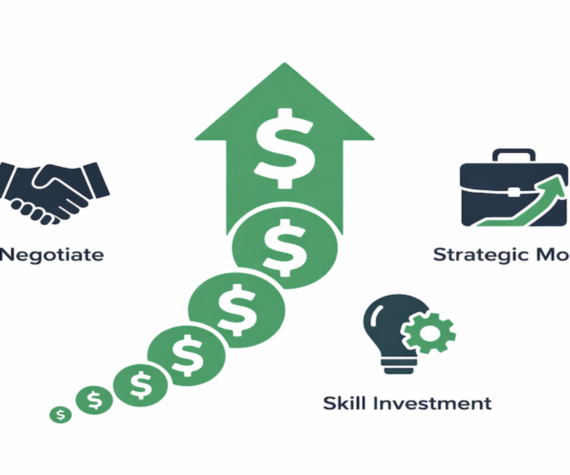 Icon illustration showing an upward career income trajectory arrow with three surrounding icons representing salary negotiation, strategic job moves, and skill investment as the drivers of career income growth