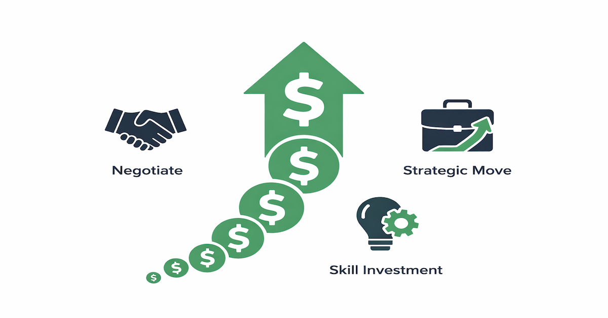 Icon illustration showing an upward career income trajectory arrow with three surrounding icons representing salary negotiation, strategic job moves, and skill investment as the drivers of career income growth