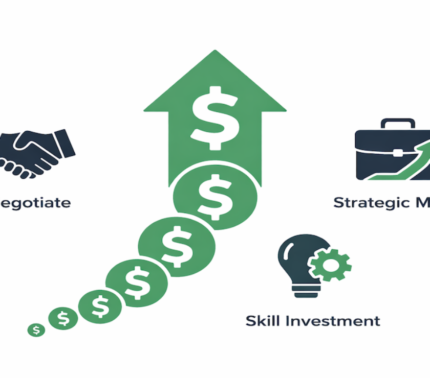Icon illustration showing an upward career income trajectory arrow with three surrounding icons representing salary negotiation, strategic job moves, and skill investment as the drivers of career income growth