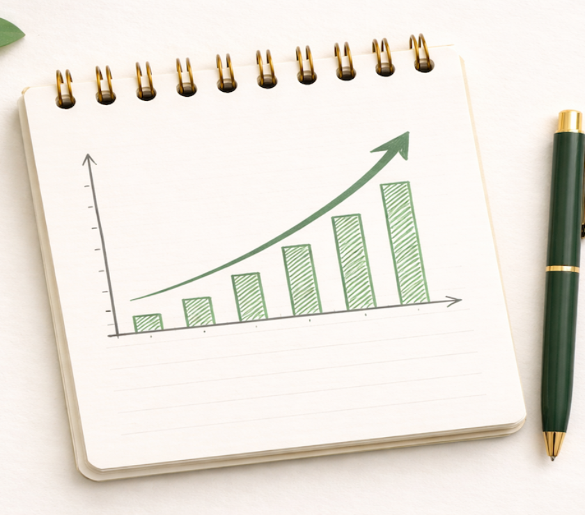 A hand-drawn upward line graph on a notepad representing early career income growth — salary increases, investment contributions starting, and financial momentum building in the first years of full-time work.