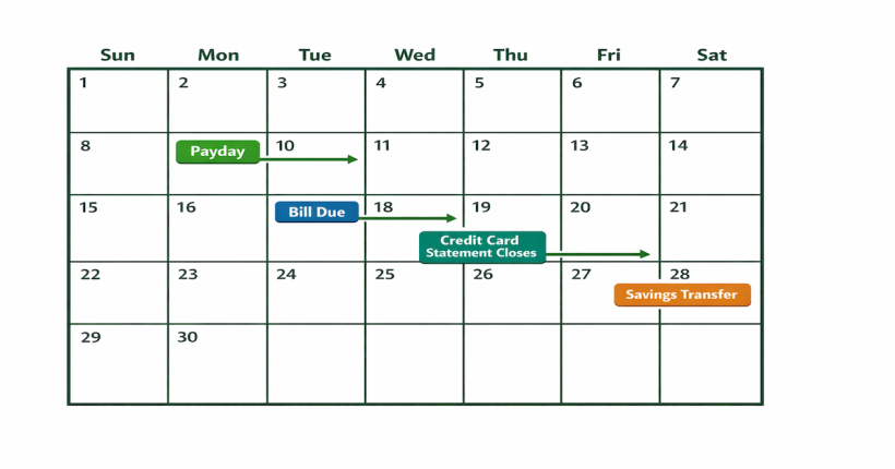 30-day financial calendar showing optimized alignment of paycheck dates, bill due dates, credit card statement cycles, and automated savings transfers
