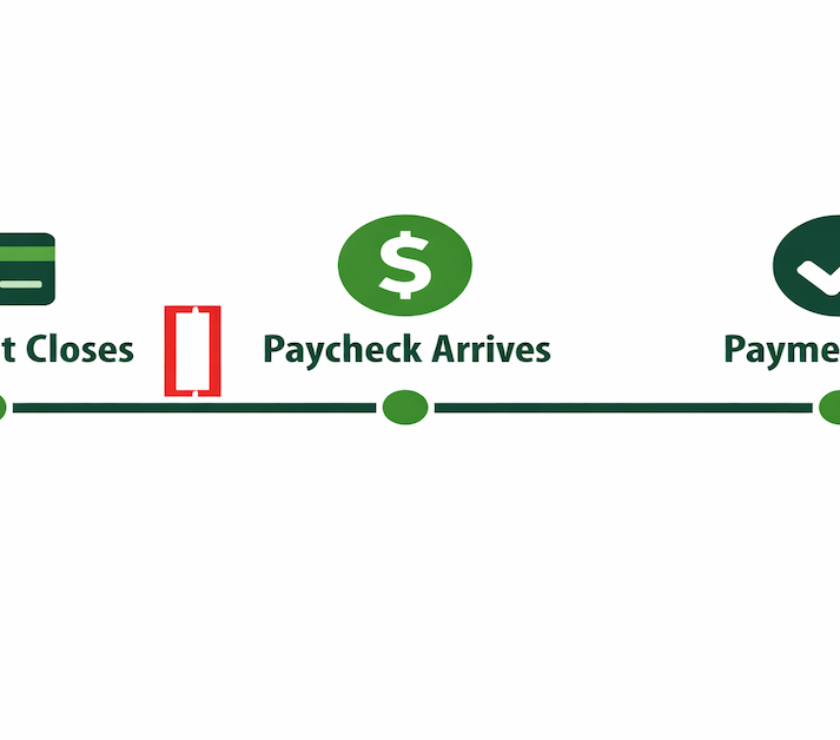 Timeline showing the gap between credit card statement closing date and paycheck arrival date, illustrating how cash flow timing affects reported credit utilization