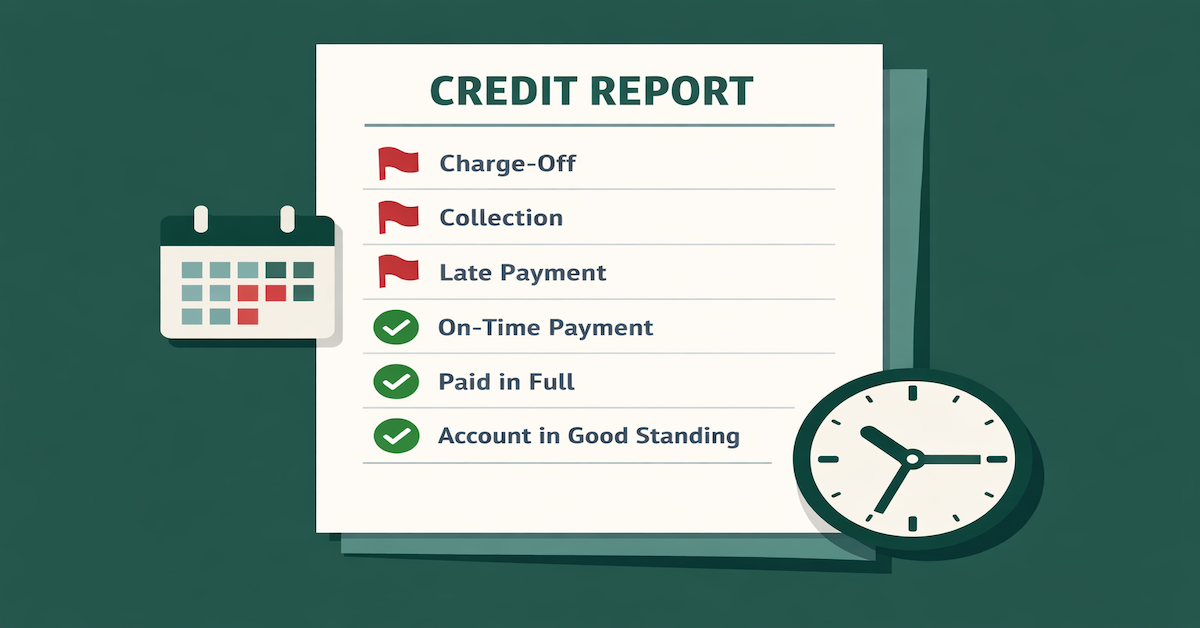 Illustration of a credit report highlighting negative marks including charge-offs, collections, and late payments with timeline indicators