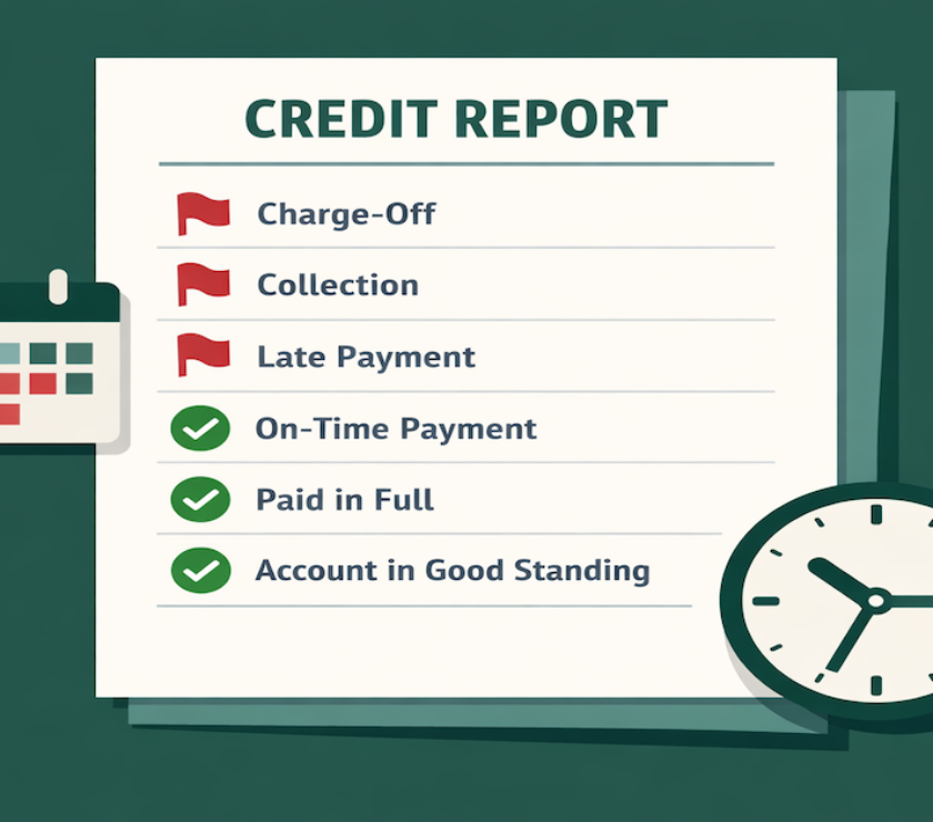 Illustration of a credit report highlighting negative marks including charge-offs, collections, and late payments with timeline indicators