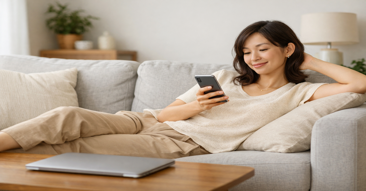 A relaxed woman on her sofa with a closed laptop nearby — representing the financial freedom that comes from building an automated money system that works without daily monitoring.