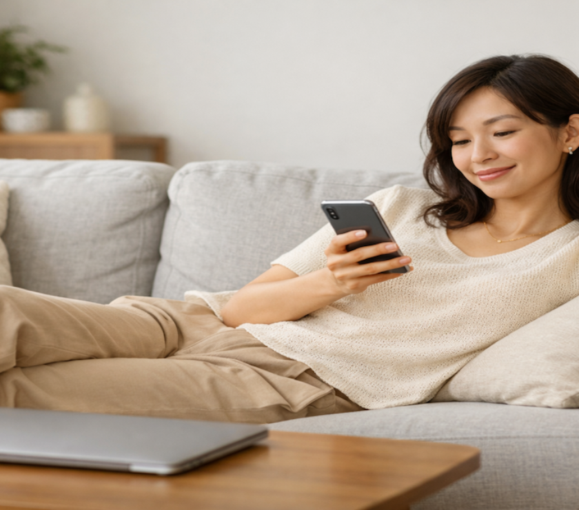 A relaxed woman on her sofa with a closed laptop nearby — representing the financial freedom that comes from building an automated money system that works without daily monitoring.