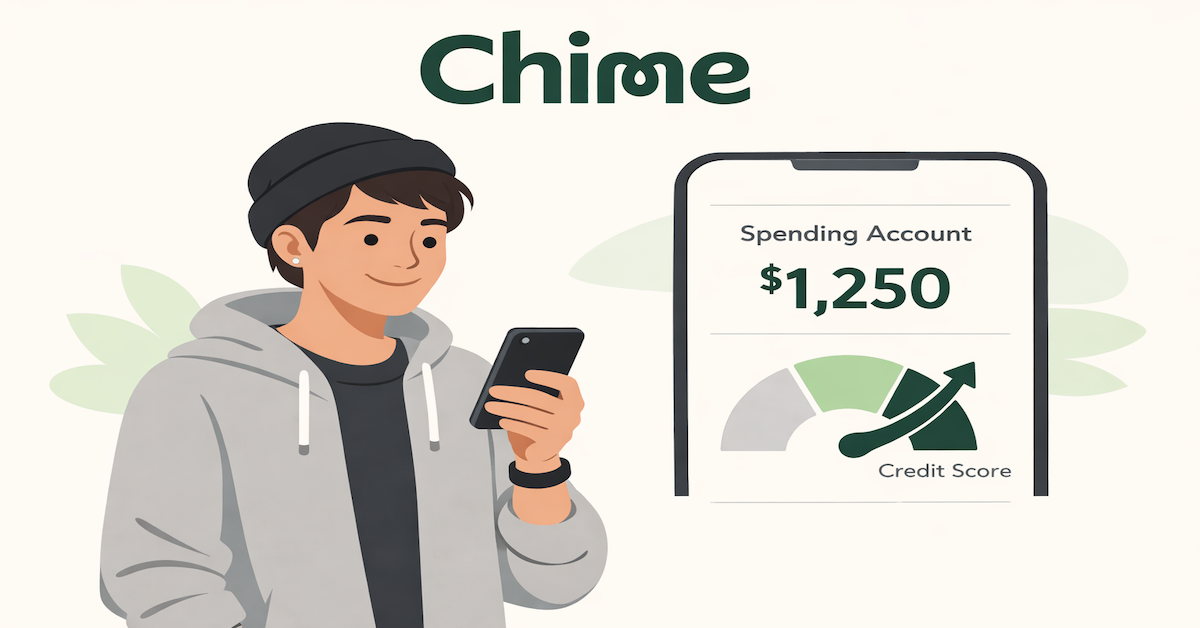 Young Millennial smiling at their smartphone while using Chime's spending account and Credit Builder feature, representing accessible no-fee banking and credit building for everyday users