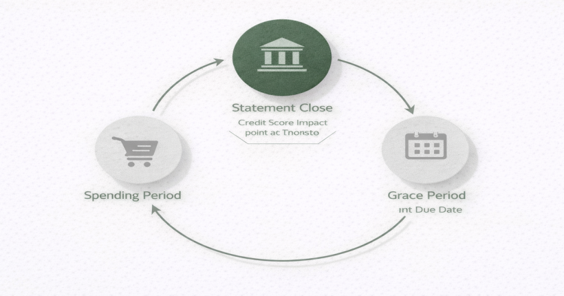 Circular diagram of the three-phase credit card billing cycle showing spending period, statement close date as the credit reporting point, and grace period ending at the payment due date