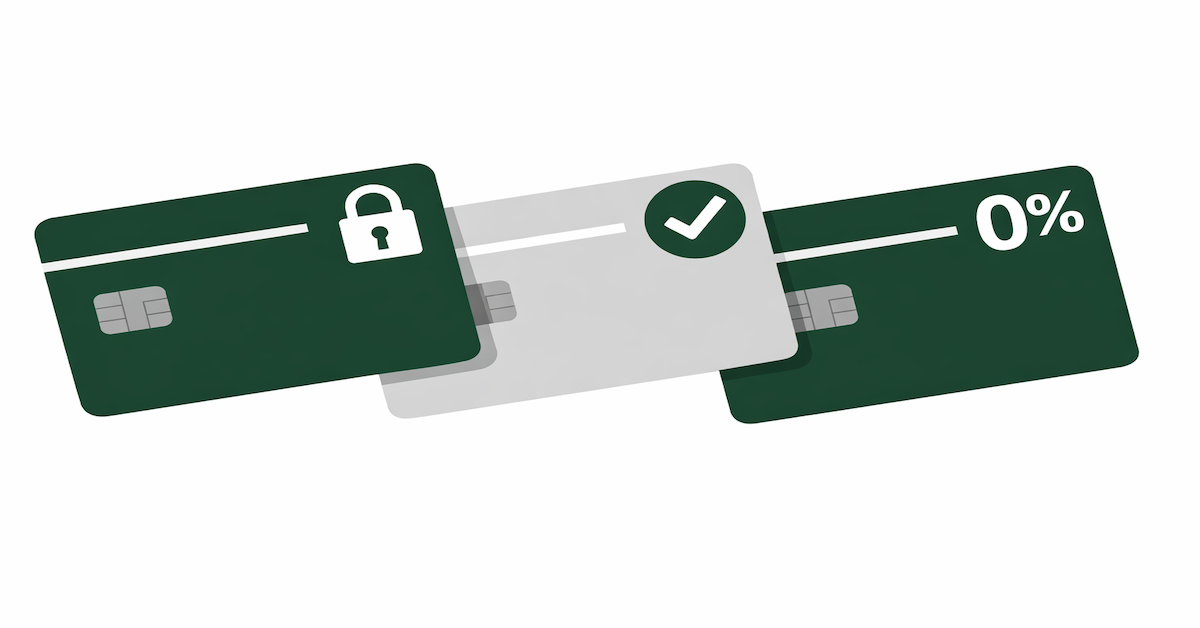 Illustrated comparison of three credit card types -- secured, no-hard-pull, and 0% APR -- representing a strategic framework for choosing the right credit card at each stage of credit building