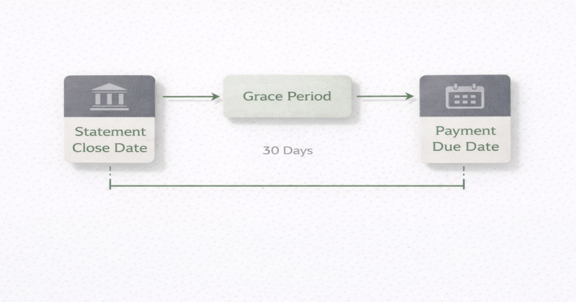 Timeline illustration of a credit card billing cycle showing the statement close date, grace period, and payment due date in sequence with their respective functions labeled