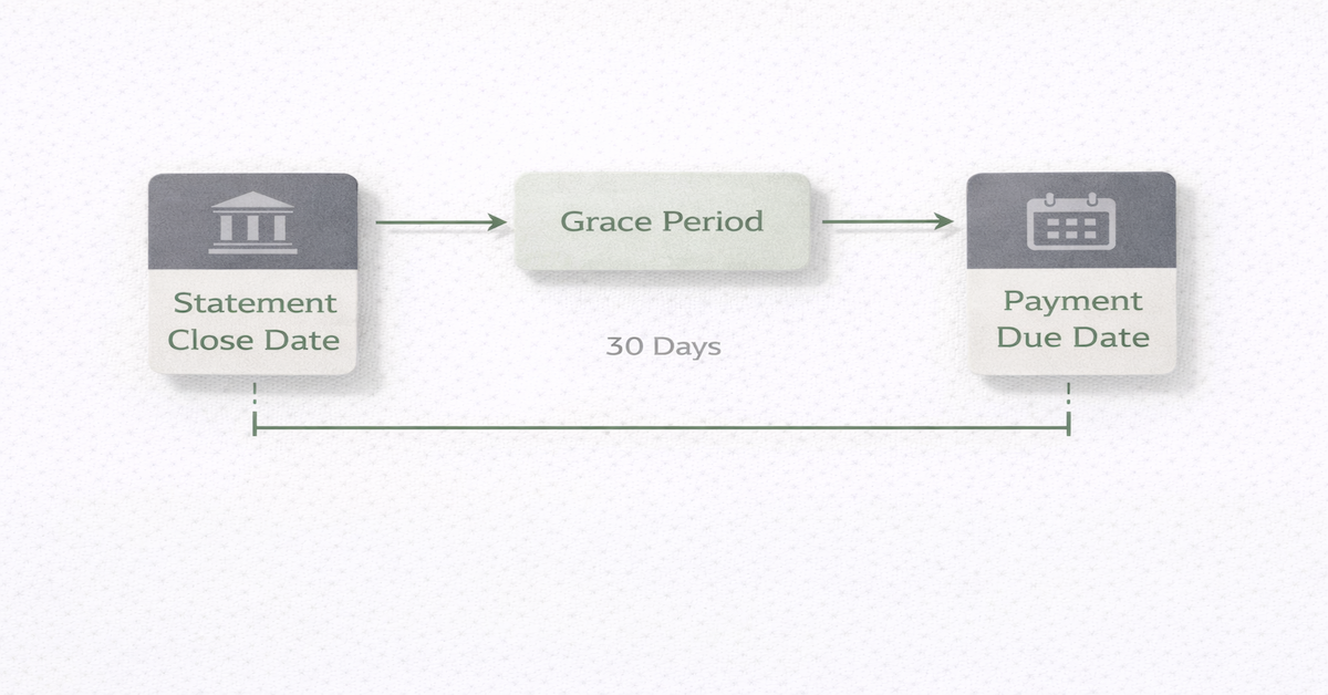 Timeline illustration of a credit card billing cycle showing the statement close date, grace period, and payment due date in sequence with their respective functions labeled