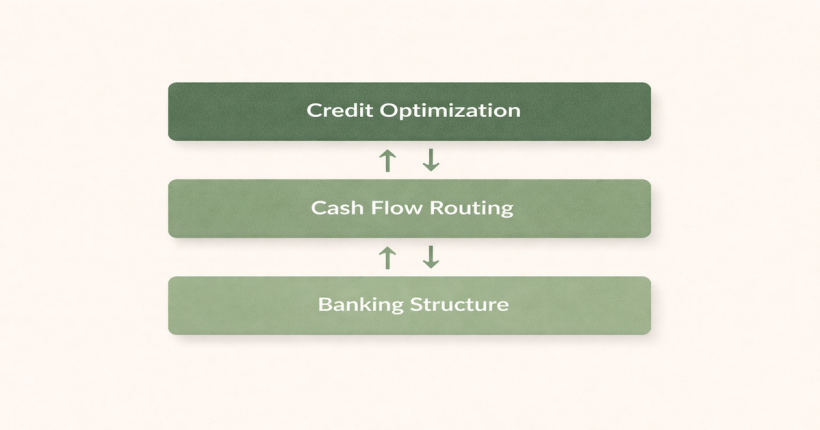 Stacked layer diagram showing banking structure, cash flow routing, and credit optimization as three connected layers of one integrated personal finance system