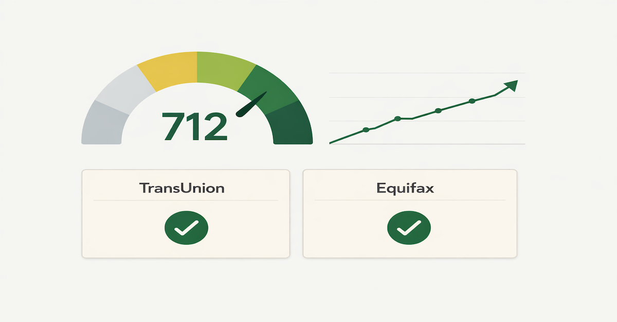 Credit score monitoring dashboard showing a 712 VantageScore with TransUnion and Equifax report status indicators