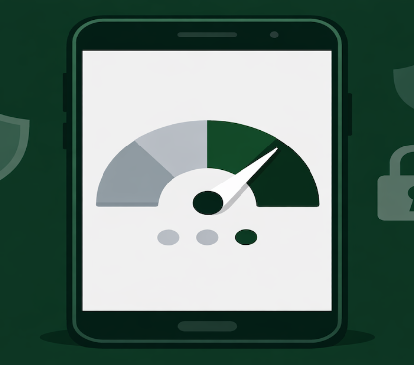Smartphone displaying a credit score monitoring dashboard with security icons, representing Credit Karma's free credit score and monitoring features