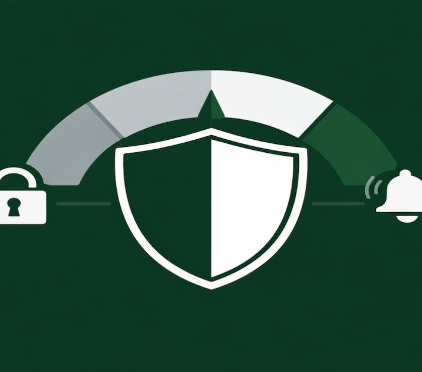 Illustrated shield protecting a credit score gauge with lock and alert icons, representing a complete credit monitoring and identity protection system