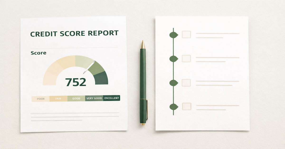 A printed credit report and handwritten optimization checklist on a light surface, representing the credit preparation process before a major loan application.