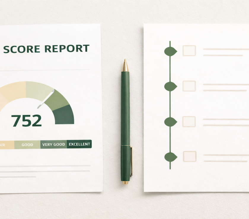 A printed credit report and handwritten optimization checklist on a light surface, representing the credit preparation process before a major loan application.