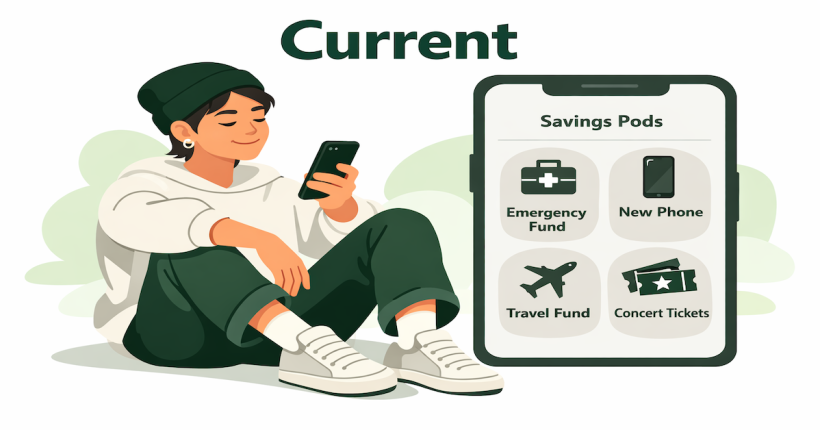 Young adult smiling at their smartphone while managing goal-based savings pods in the Current banking app, representing simple and intentional digital-first banking
