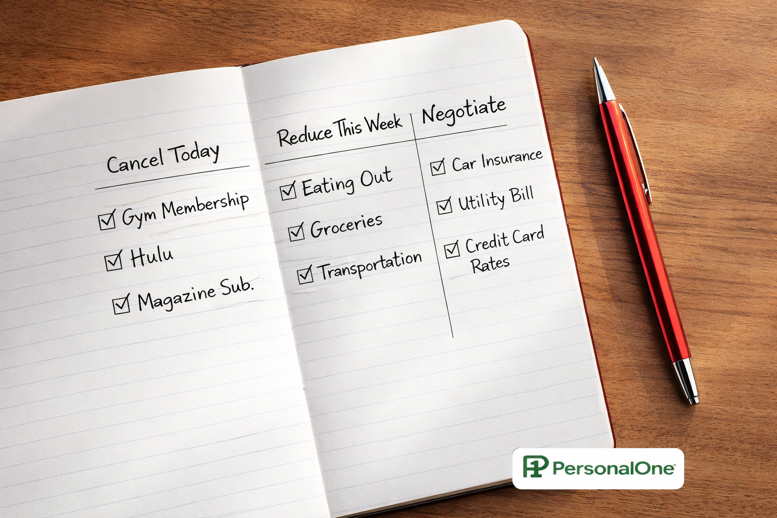 Open notebook showing three-tier expense cut checklist with Cancel Today, Reduce This Week, and Negotiate columns beside a red pen on warm wood — PersonalOne
