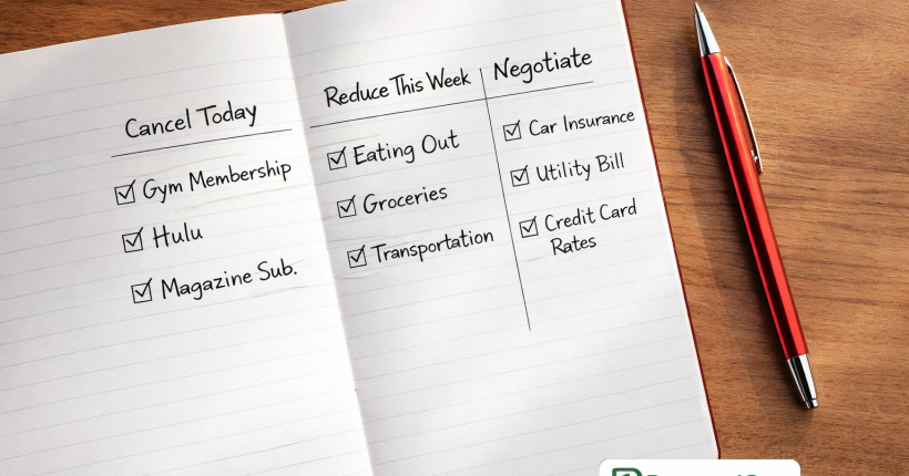 Open notebook showing three-tier expense cut checklist with Cancel Today, Reduce This Week, and Negotiate columns beside a red pen on warm wood — PersonalOne