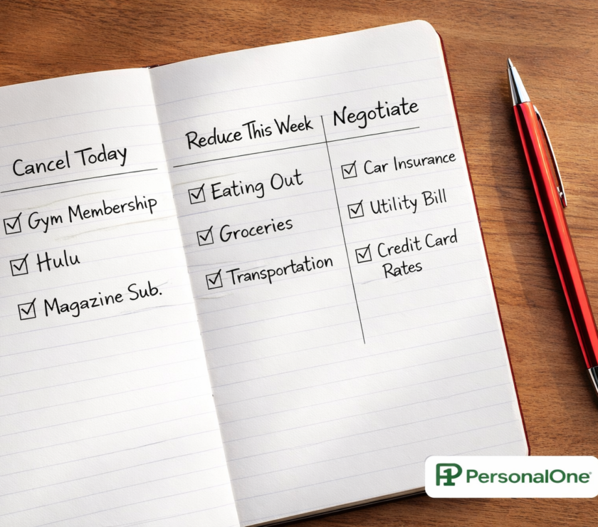 Open notebook showing three-tier expense cut checklist with Cancel Today, Reduce This Week, and Negotiate columns beside a red pen on warm wood — PersonalOne