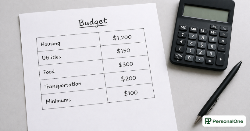 Simple bare-bones budget worksheet with five survival expense rows filled in beside a calculator and pen on a light gray surface — PersonalOne