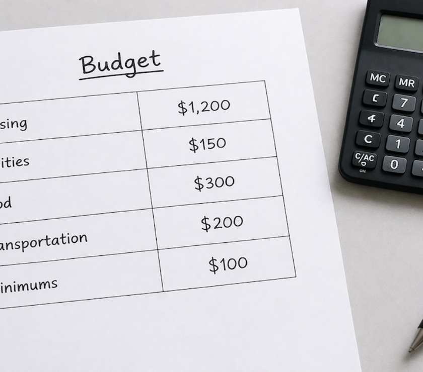 Simple bare-bones budget worksheet with five survival expense rows filled in beside a calculator and pen on a light gray surface — PersonalOne