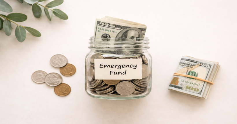 Glass jar labeled emergency fund filled with coins and cash on a cream surface