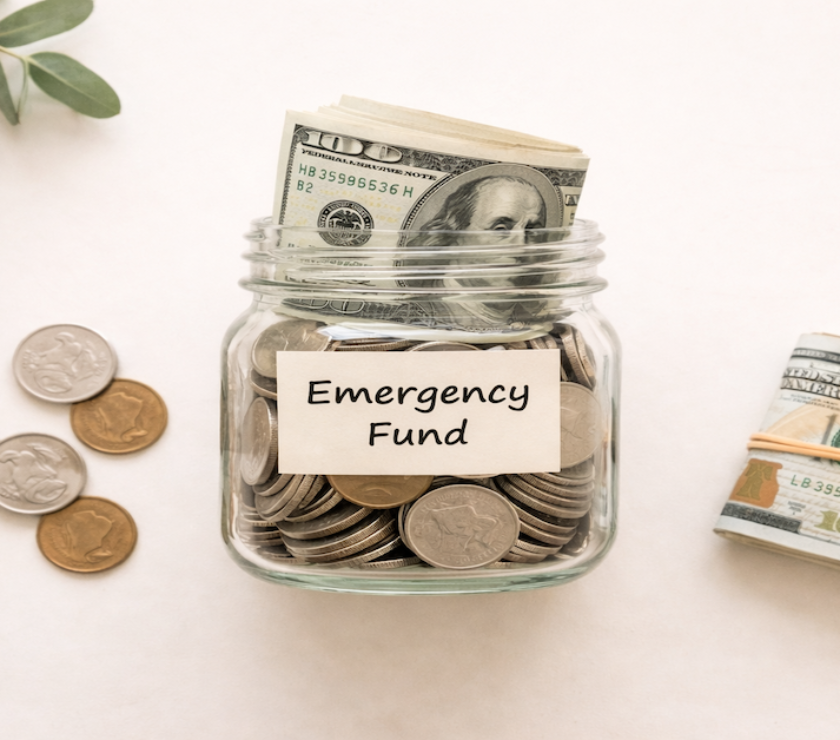 Glass jar labeled emergency fund filled with coins and cash on a cream surface