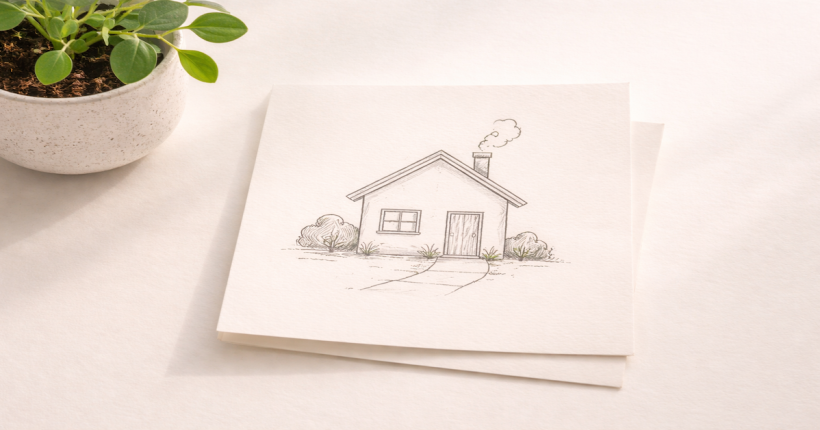 A paper house sketch beside a small green plant on a clean surface, representing the financial planning priorities of the family stage — income protection, childcare costs, and building a stable household financial system